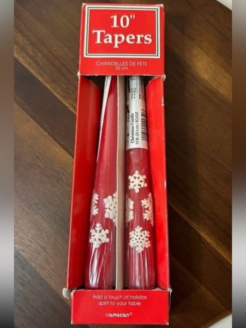 Vintage Amscan 10 Inch Red Taper Candles White Snowflake Christmas NIB